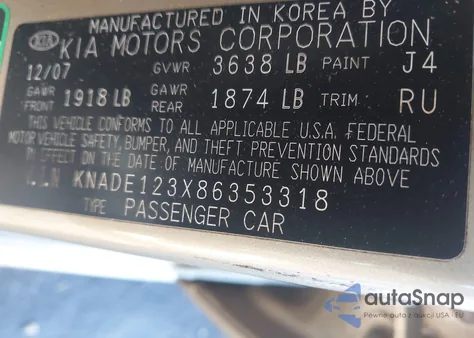 2008 Kia Rio Lx from USA, damaged, VIN KNADE123X86353318